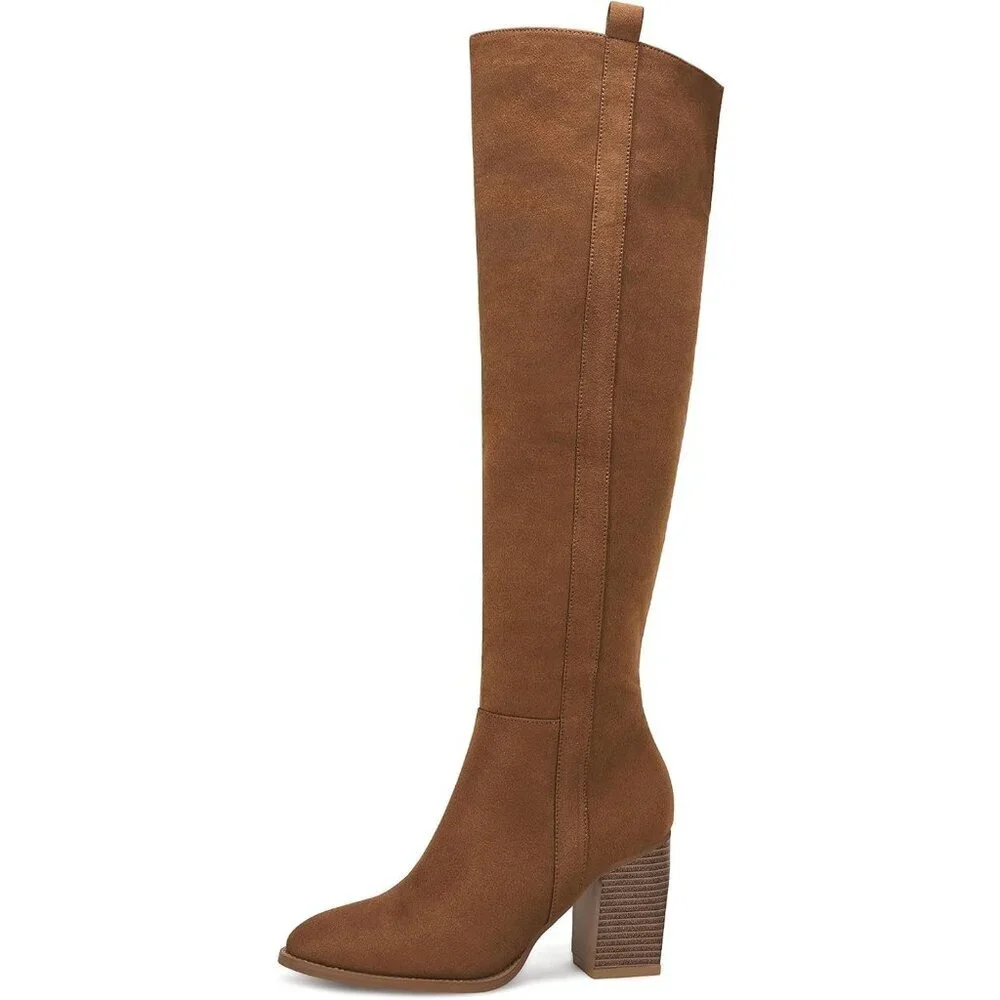 Womens Brown Faux Suede Knee High Side Zipper Chunky Heel Stretch Winter Boots